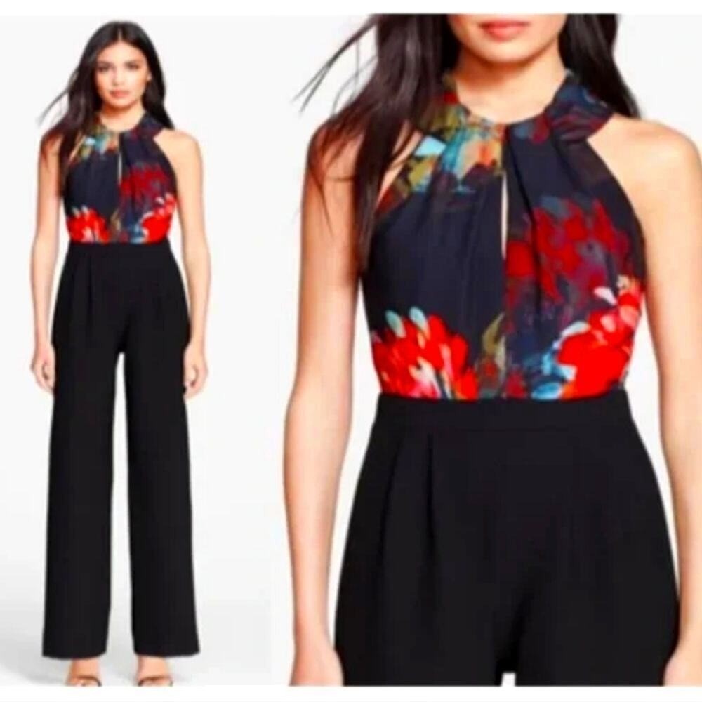 Trina Turk Floral Halter Neck Wide Leg Jumpsuit Black Multicolor Evening Party